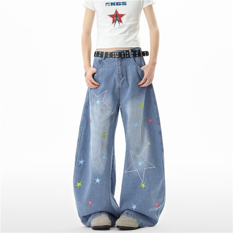 【现货】XZ612-K3104-P65控98美式复古星星刺绣弯刀牛仔裤,男装牛仔裤,星座612