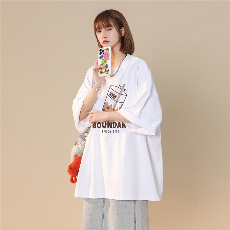 港风2026夏季新品奶茶印花圆领休闲七分袖短袖--T1094P25--控38,男装T恤,A247A