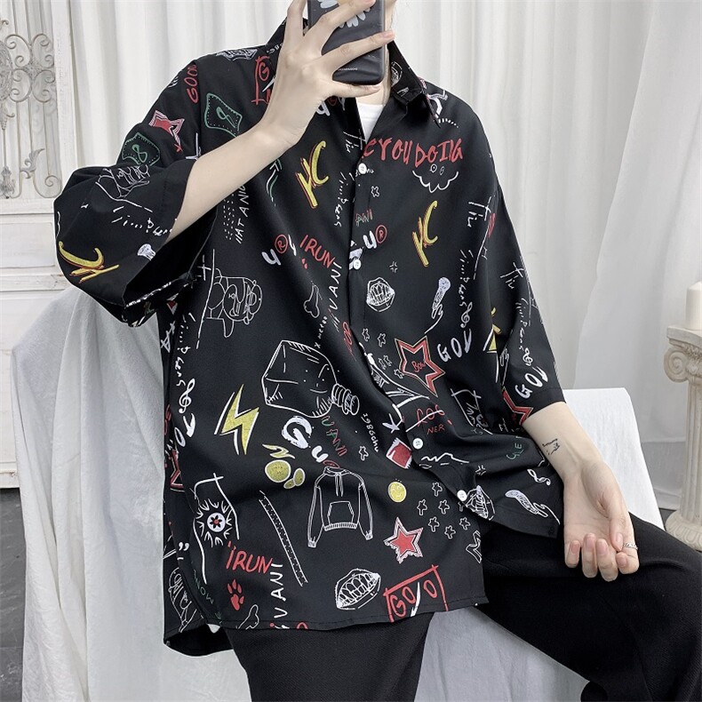 港风宽松帅气流行青少年印花短袖衬衣男衬衫XZ-702-CS101P40,男装衬衫,电商A430（原星座702）