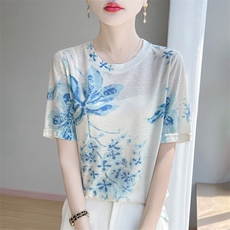 简约圆领新款针织女短袖简约百搭宽松套头上衣，女装针织衫/毛衣，绒宛羊绒