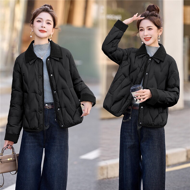 现货！短款羽绒服女灯芯绒翻领时尚巴恩风小个子加厚保暖上衣外套,女装羽绒服,沐七七