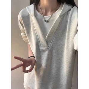白花灰假两件v领卫衣男美式重磅硬挺正肩连帽衫cleanfit短款外套图片