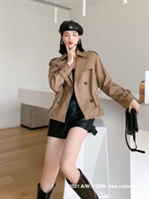 现货-抽绳短风衣款皮外套，女装风衣，依歌贝诺