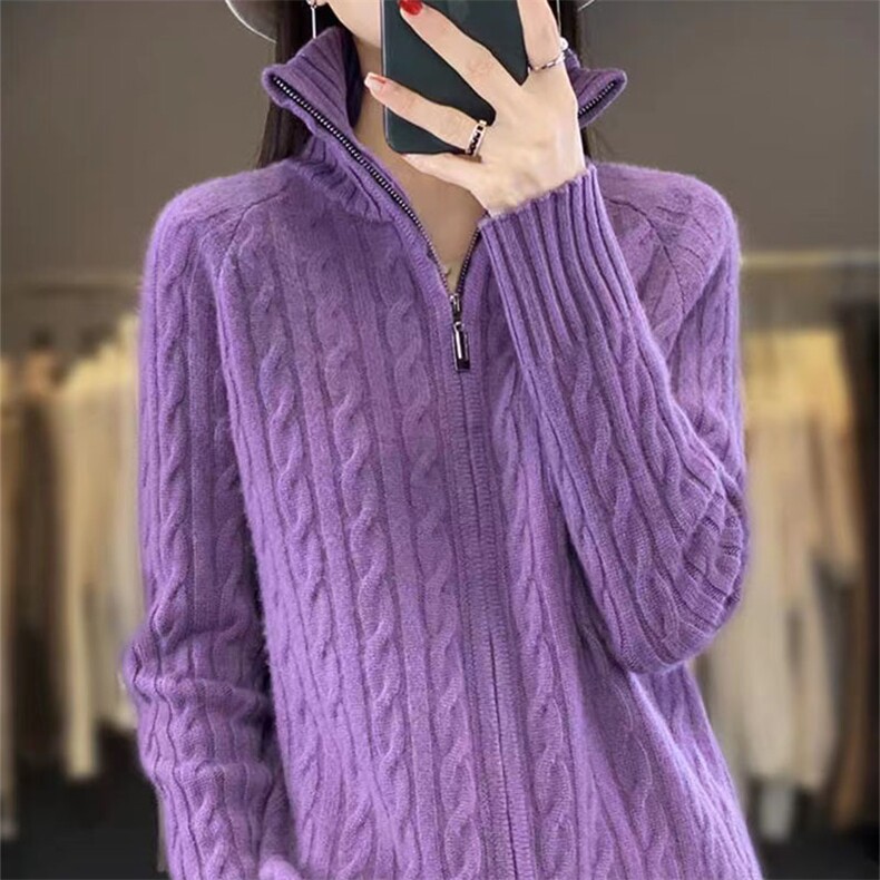 秋冬新款羊毛开衫女高领拉链麻花毛衣外套厚针织衫外搭,针织衫/毛衣,萱芳婷羊绒
