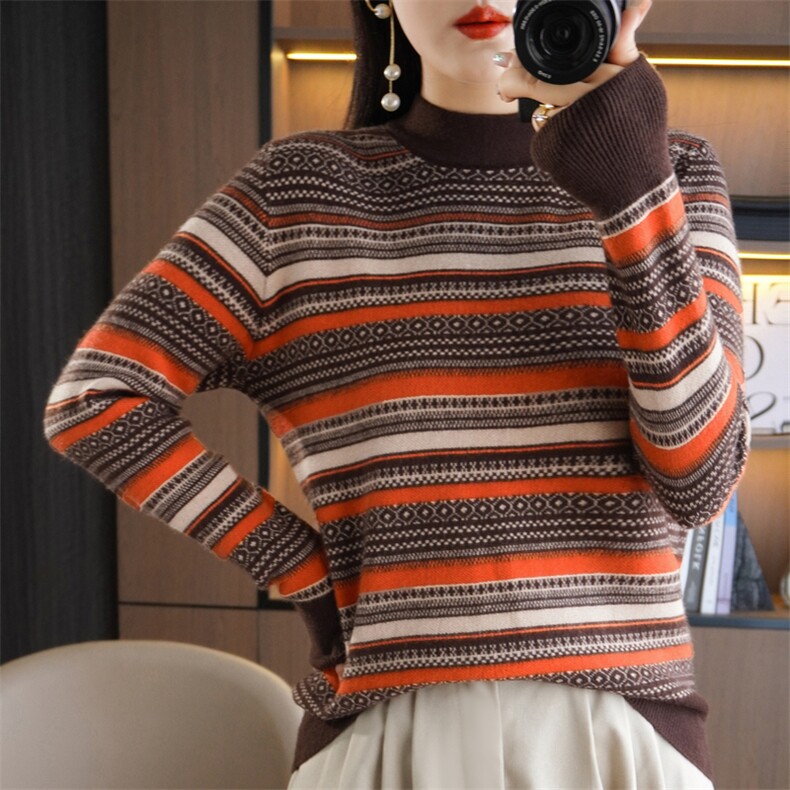 法式复古条纹纯棉针织衫女毛衫2025新款拼色打底衫长袖提花上衣,针织衫/毛衣,斯美雅安迪绒