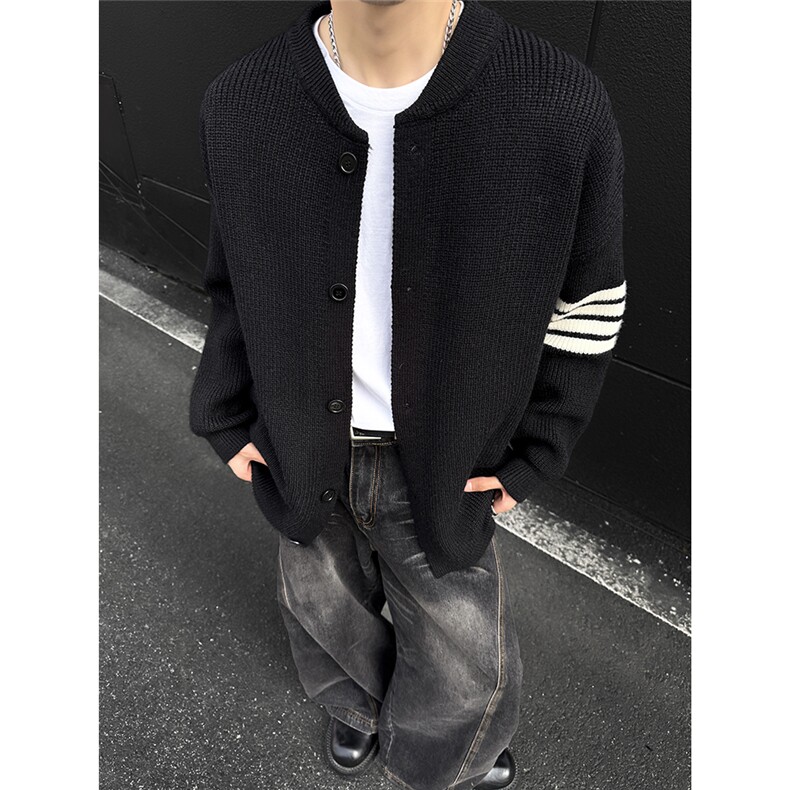 经典三条杠冬季开衫休闲百搭毛衣宽松加厚情侣针织衫M9907TP55,男装针织衫/毛衣,电商A247