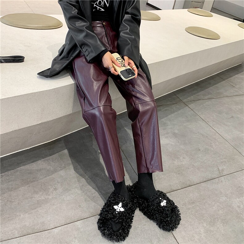 黑色PU皮裤女2024秋冬新款高腰九分气质靴裤休闲裤显瘦百搭直筒裤,女装休闲裤,梦白服饰厂