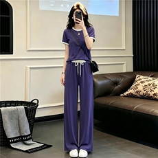 盐系穿搭休闲时尚运动套装女夏款圆领拼接短袖上衣阔腿长裤两件套，女装套装/套裙，江南