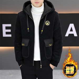 加绒加厚青年男休闲时尚连帽百搭刺绣加绒夹克外套M1813-P98图片