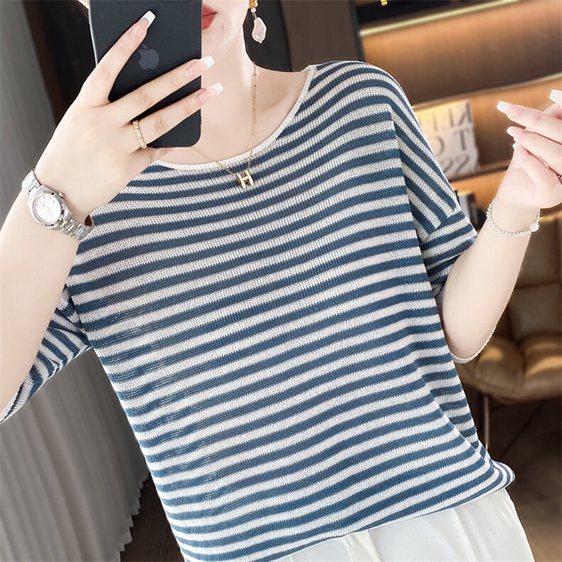 法式条纹冰丝针织短袖T恤女2025夏薄透气宽松显瘦上衣半袖t恤衫新,针织衫/毛衣,总能电商供货