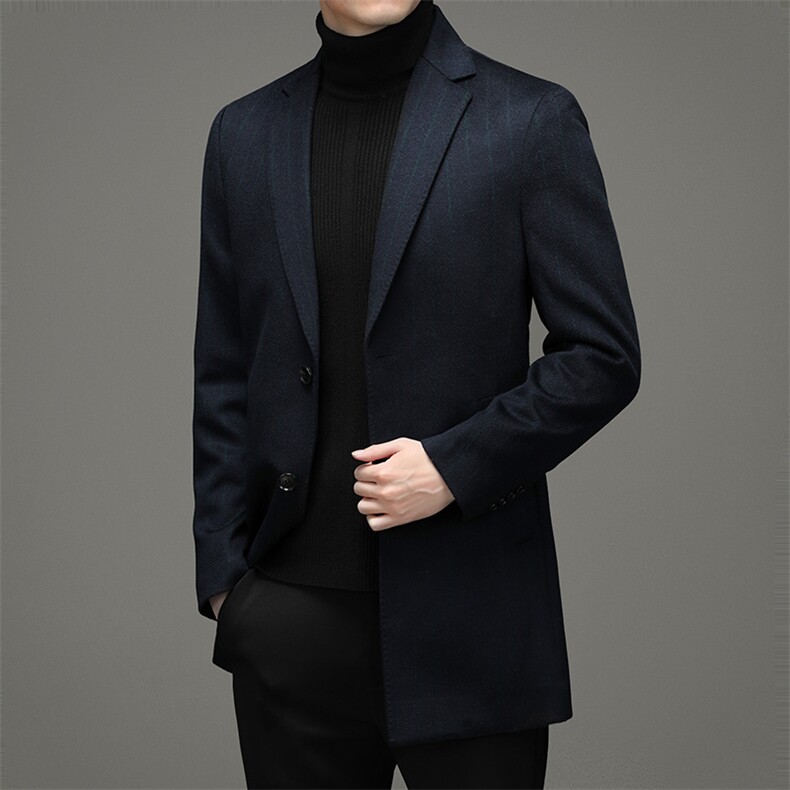 高端中年中长款山羊绒西服大衣男士薄款中老年羊毛双面呢外套风衣，男装毛呢大衣，钱塘723