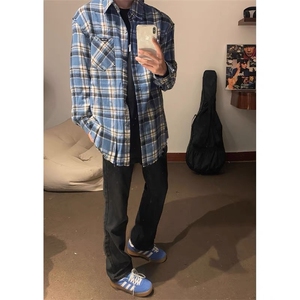 CS301-P35 美式潮牌蓝色长袖格子衬衫男女生宽松百搭复古休闲图片
