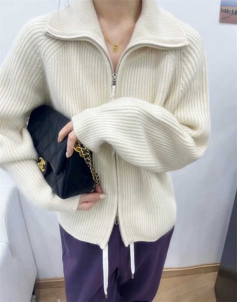 秋冬新款简约时尚百搭女款羊毛衫宽松显瘦元宝针拉链开衫,女装羊毛衫,悦玛羊绒