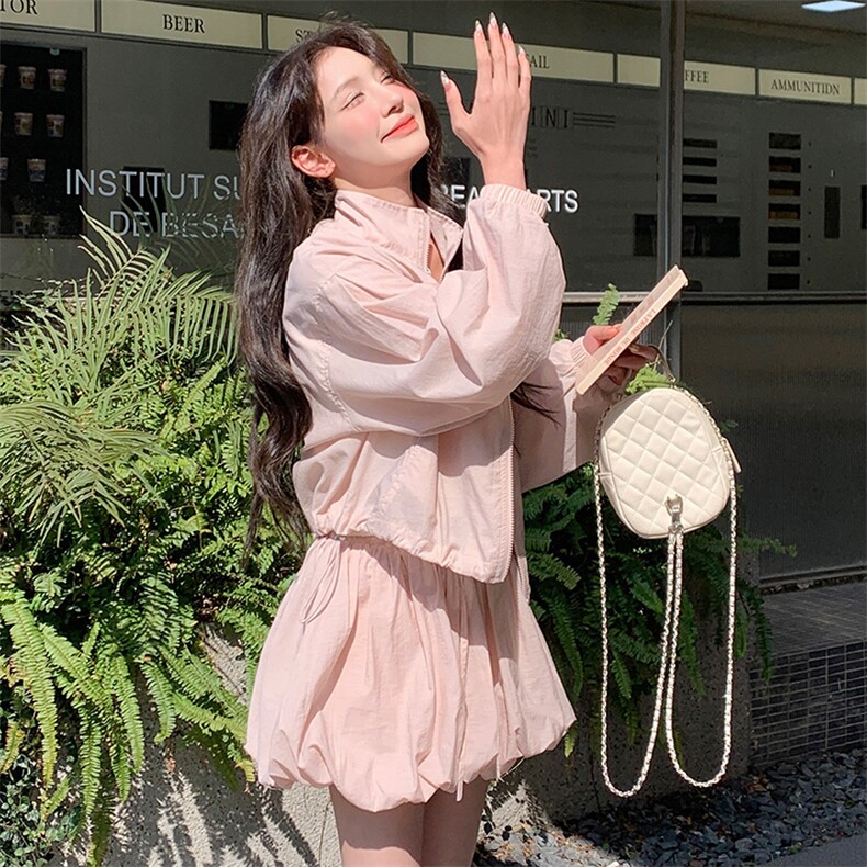 粉色短款上衣花苞裙套装女夏季甜美穿搭一整套防晒衣半身裙两件套,女装套装/套裙,2C085
