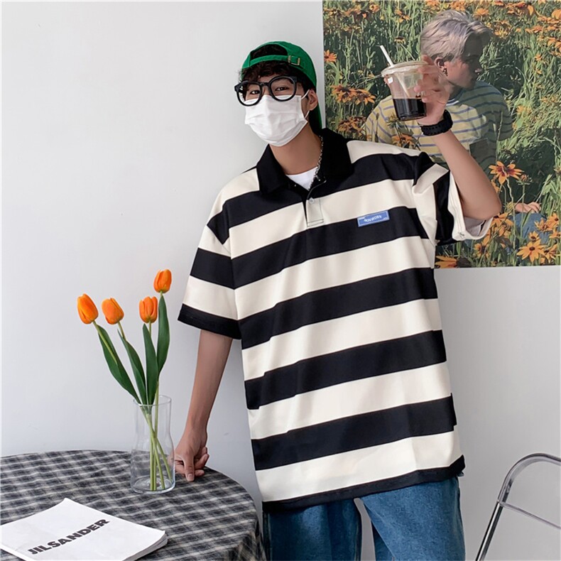 条纹短袖t恤男夏潮牌宽松polo衫潮流港风翻领上衣服PL07826-P33,男装Polo衫,星座308B-1