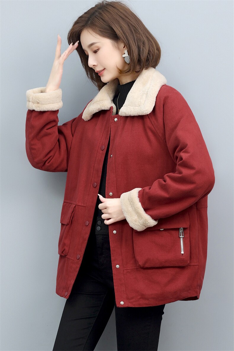 纯棉一体绒派克服女风衣大衣加厚加绒防刮防钩外套女中老年妈妈装,女装派克服,璐依舞