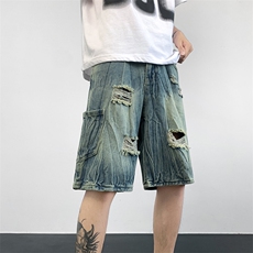 破洞牛仔短裤男款夏季宽松五分裤潮牌大码拉链中裤DK05252-P40，男装牛仔裤，星座308B-1