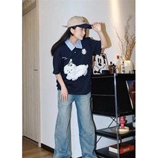 复古刺绣狗狗polo领短袖t恤男女宽松夏季学院风纯棉上衣TB261，男装T恤，星座1116A（原606A-3）