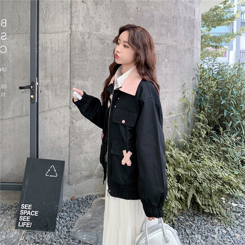 黑色撞色减龄工装外套女2025秋季新款设计感学院风宽松百搭夹克潮,女装短外套,2C030