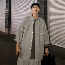 2026夏装新款条纹绣标短袖五分袖衬衫潮男衬衣CS8090/P40黑，男装T恤，电商A094