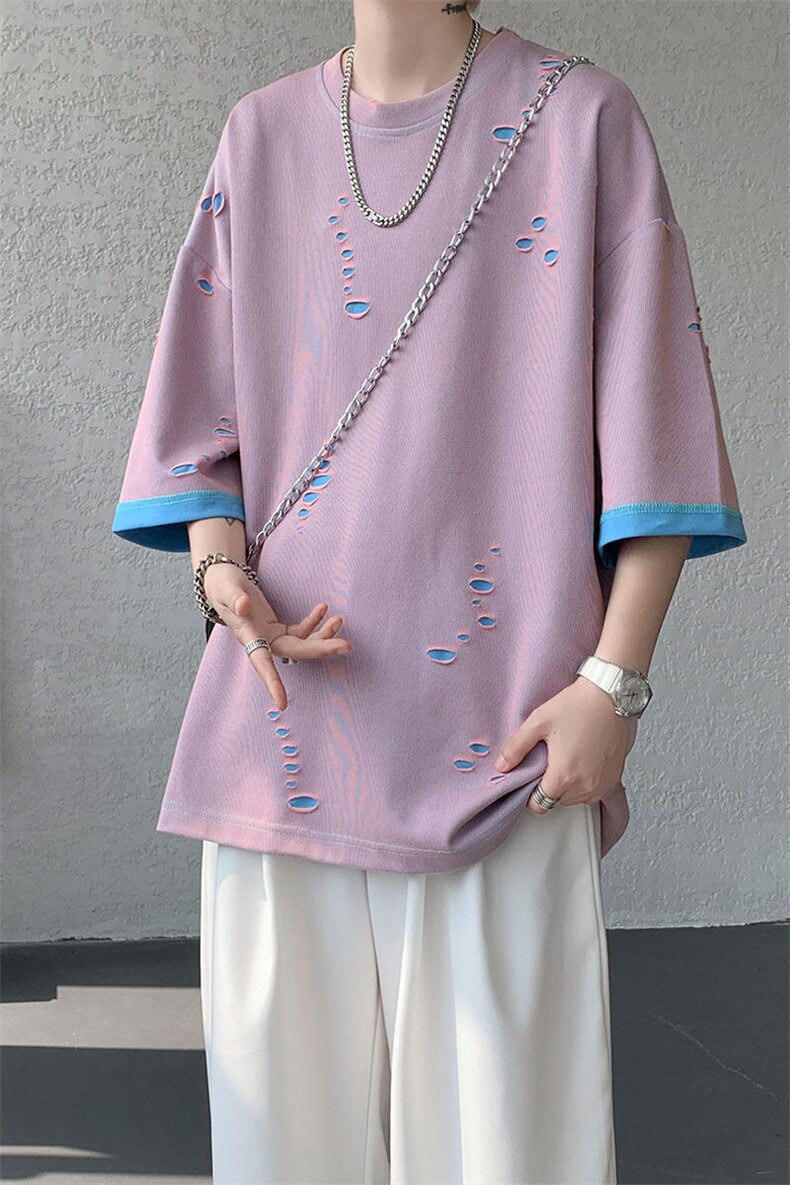 T10137-特批33控68开口笑高品质夏季大码短袖破洞潮流百搭T恤,男装T恤,电商A059