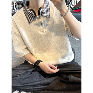 假两件格子拼接T恤夏季美式潮牌短袖POLO衫翻领上衣T3640-特价P29图片