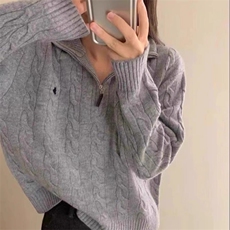 美式复古翻领半拉链麻花毛衣2025秋冬女款软糯慵懒风高领针织上衣，女装针织衫/毛衣，美莎羊绒