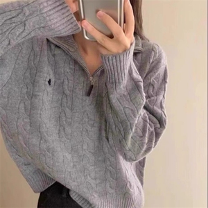 美式复古翻领半拉链麻花毛衣2025秋冬女款软糯慵懒风高领针织上衣图片