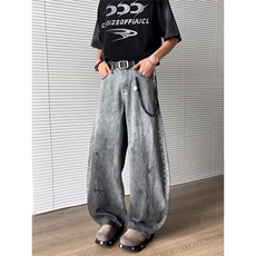现货美式廓形做脏泼墨牛仔裤男潮复古水洗休闲阔腿裤K9452-特P48，男装牛仔裤，四季星座505