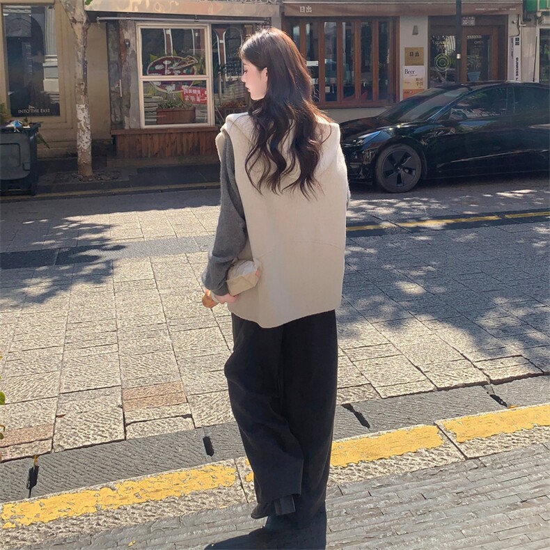 现货主推新款双面羊毛连帽休闲百搭宽松减龄背心马甲,女装毛呢外套,丝露怡语