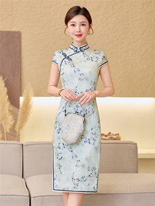 杭州品质真丝长裙复古印花连衣裙女春夏日常修身清新淡雅真丝旗袍图片