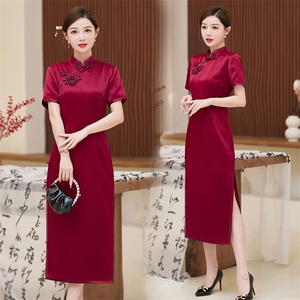 喜婆婆婚宴装2025新款醋酸大码妈妈礼服高贵改良红色旗袍连衣裙夏图片