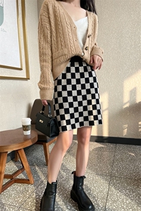 秋冬季纯澳毛棋盘格个性时髦短款裙半身裙图片