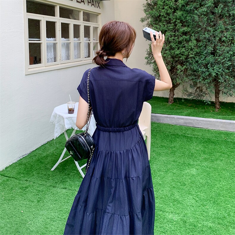 藏青色设计感工装衬衫连衣裙女2025夏季新款超好看气质收腰a字裙,女装连衣裙,浙宝301