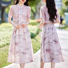 2024年夏季新款复古透气网纱短外套套裙盘扣水墨画连衣裙套装，女装套装/套裙，初闻兮