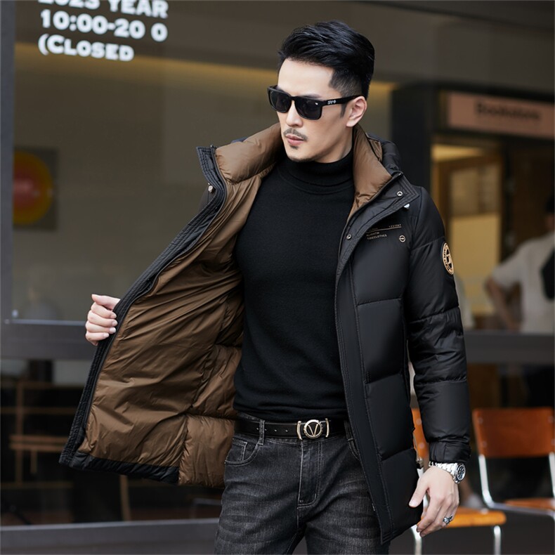 羽绒服男士中长款2026年冬季加厚保暖连帽大衣商务休闲外套中年男,男装羽绒服,电商B212（原钱塘6029）