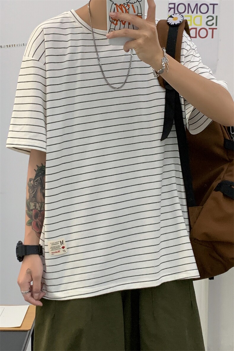 2021夏季港风新品男士宽松条纹短袖T恤星座405-T01,男装T恤,星座405