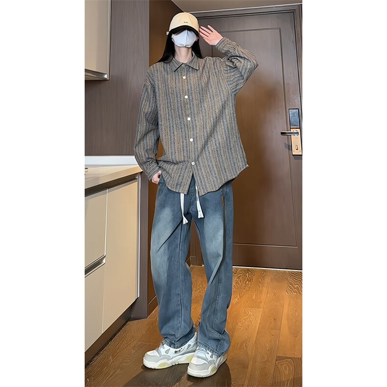 2024春季新款女模内景大码帅气条纹衬衫M-5XHC24076-P60,男装衬衫,电商A022