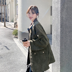 工装风复古军绿色廓形翻领夹克短外套2C212-G217-P185-K298，女装短外套，2C212