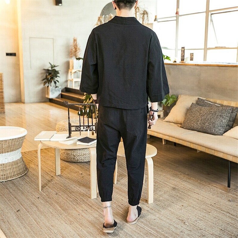夏大码风刺绣汉服套装棉麻道袍学生情侣休闲两件套TZ01/P85,男装休闲套装,钱塘713