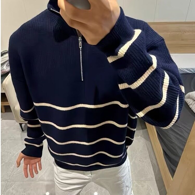 【有货】D3117-P55加厚半拉链条纹毛衣男秋冬慵懒宽松针织衫男,男装针织衫/毛衣,星座603-2