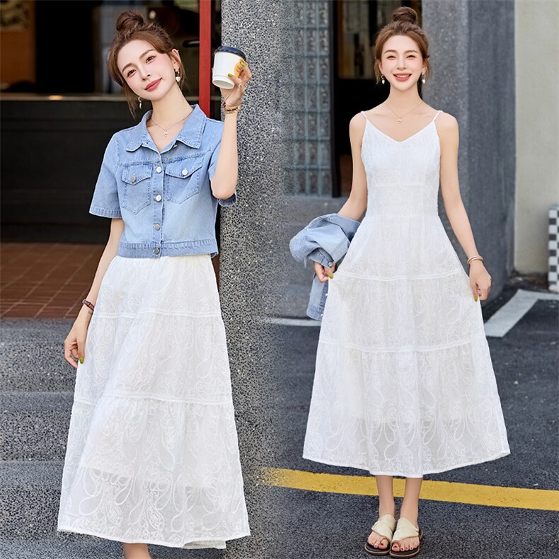 气质收腰白色显瘦长裙女2025春夏新款法式温柔风中长款吊带连衣裙，女装套装/套裙，丽美静依