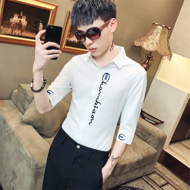 2021新款男时尚休闲绣花衬衫修身七分袖夜店发型师社会风D455,男装衬衫,星座419（原A233）