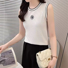 夏季圆领冰丝山茶花花边领撞色针织背心女打底衫无袖砍袖百搭薄款，女装背心吊带，萱芳婷羊绒