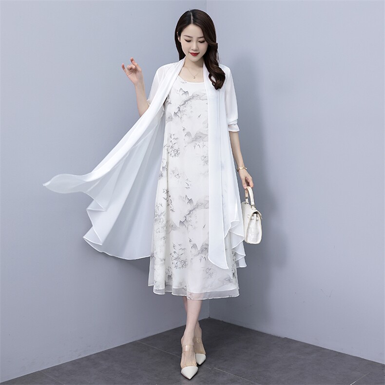 百搭复古雪纺宽松纯白色披肩开衫水墨中国风夏季时尚汉服，女装连衣裙，秀美人生