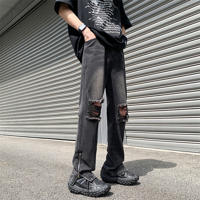 2023夏季新款百搭破洞牛仔裤裤脚拉链微喇裤313A-1-NZ038-P65控78,男装牛仔裤,星座808A-1