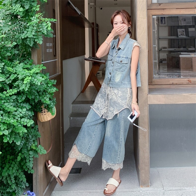 韩版蕾丝拼接牛仔马甲阔腿裤套装女2025夏季新款度假风显瘦两件套,女装套装/套裙,2C316