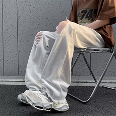 美式白色破洞牛仔裤男夏季宽松大码潮牌街头直筒微喇长裤N628-P40，男装牛仔裤，星座1001-1