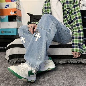 刺绣牛仔裤男ins高街宽松老爹裤春秋直筒阔腿裤N08807-P50图片