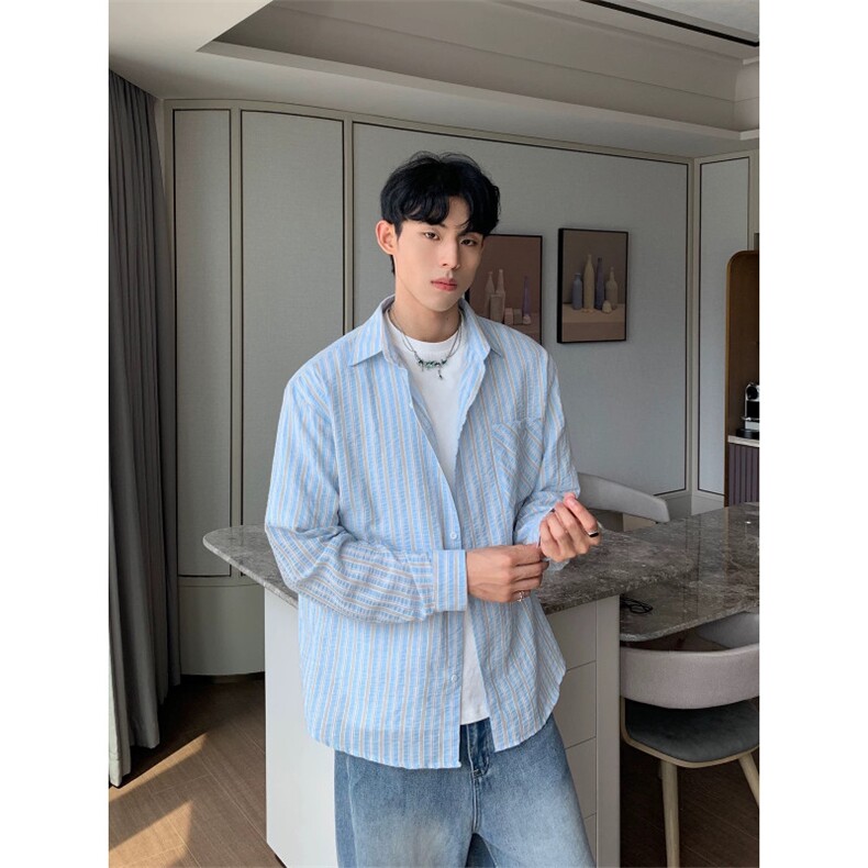 1506-1/CM1631/P44春秋条纹假两件衬衫男款cleanfit潮时尚百搭男图片